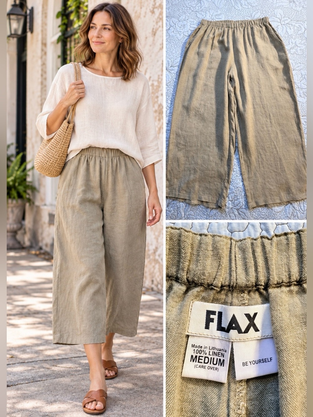 💥FLAX Jeanne Engelhart 100% Linen Wide Leg Crop Pants Sage Green Sz M🧡